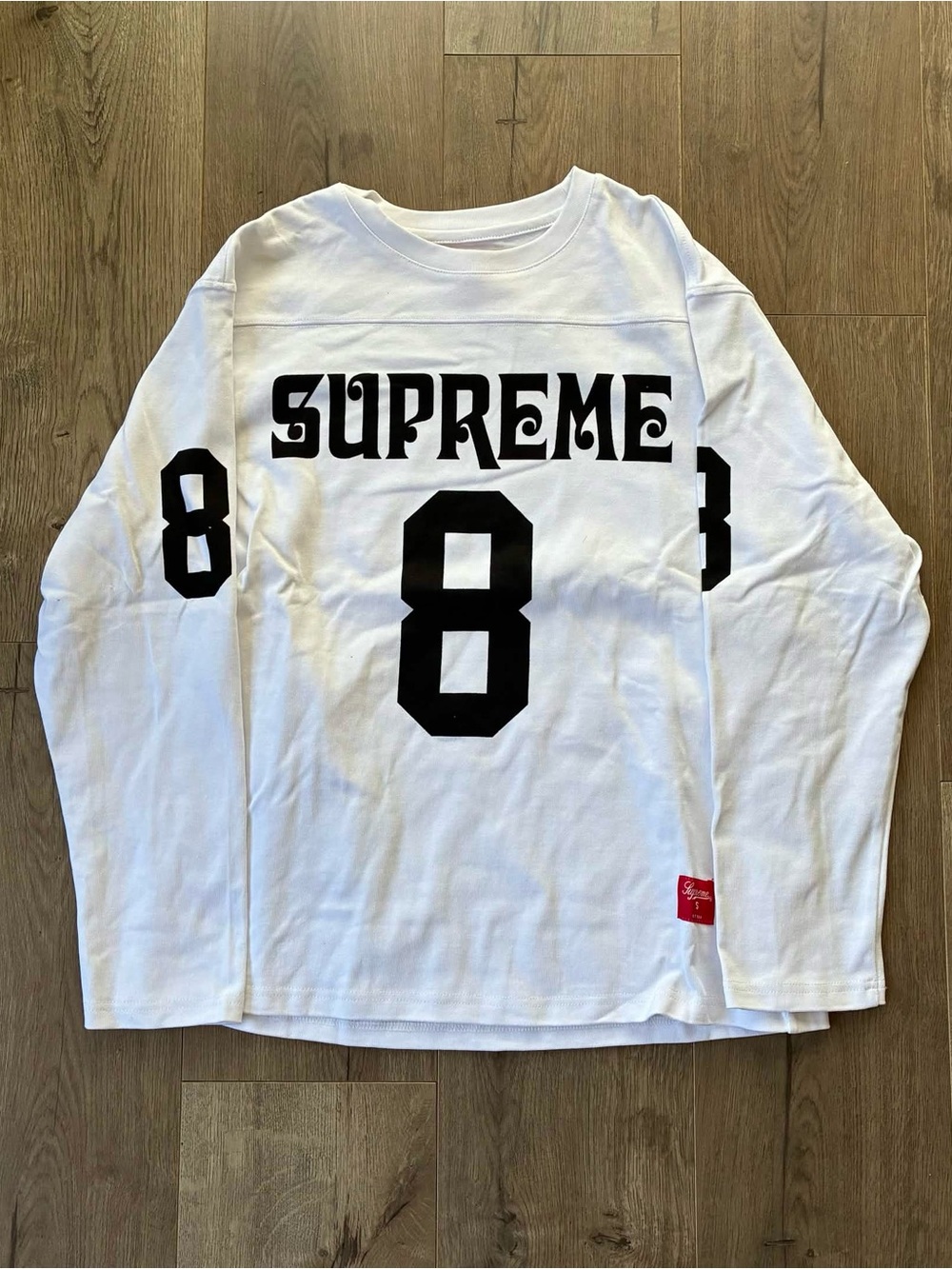 Supreme White Long Sleeve Jersey Tee with Black Number 8